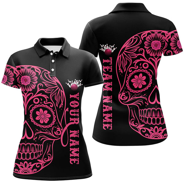 Maxcorners Pink Sugar Skull Tattoo Custom For Men Team Bowling Shirts, Halloween Team Bowling Jerseys