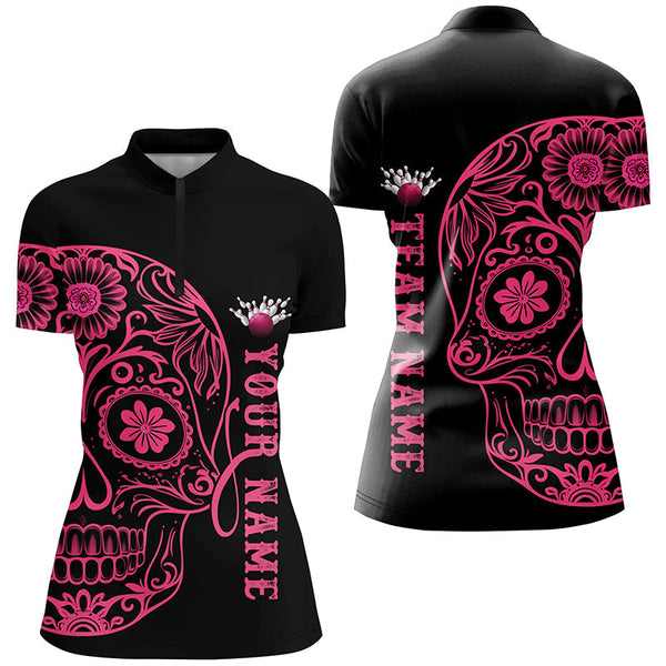 Maxcorners Pink Sugar Skull Tattoo Custom For Men Team Bowling Shirts, Halloween Team Bowling Jerseys