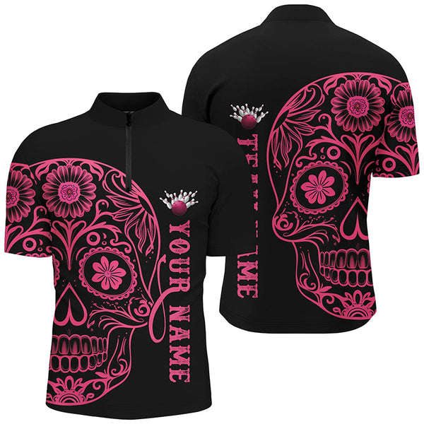 Maxcorners Pink Sugar Skull Tattoo Custom For Men Team Bowling Shirts, Halloween Team Bowling Jerseys