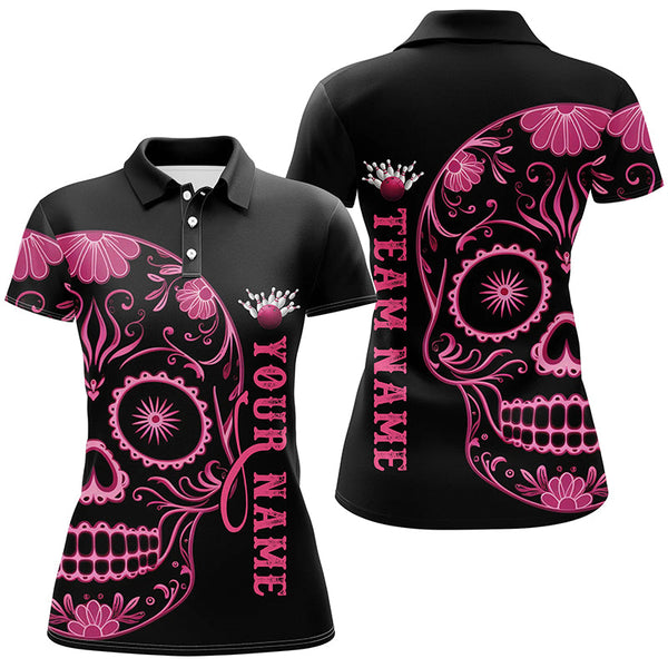 Maxcorners Pink Sugar Skull Tattoo Custom For Men Team Bowling Polo Shirts, Team Bowling Jerseys