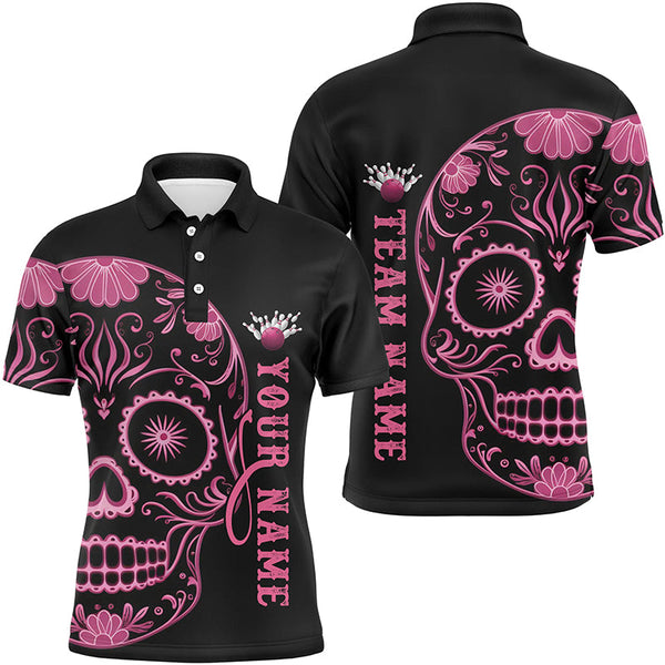 Maxcorners Pink Sugar Skull Tattoo Custom For Men Team Bowling Polo Shirts, Team Bowling Jerseys