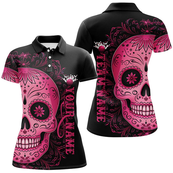 Maxcorners Pink Sugar Skull Tattoo Custom Unisex Team Bowling Polo Shirts, Halloween Team Bowling Jerseys