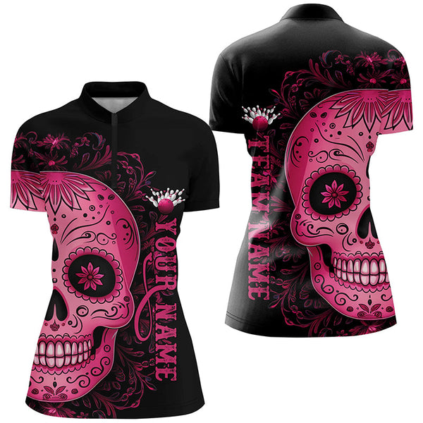 Maxcorners Pink Sugar Skull Tattoo Custom Unisex Team Bowling Polo Shirts, Halloween Team Bowling Jerseys