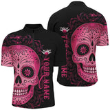 Maxcorners Pink Sugar Skull Tattoo Custom Unisex Team Bowling Polo Shirts, Halloween Team Bowling Jerseys