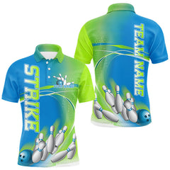 Maxcorners Custom Blue And Green Strike Bowling Polo Shirts For Men, Strike Bowling Team Jersey LM1625