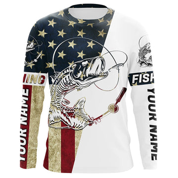 Maxcorners Personalized American Flag Fish Skull Fishing Shirts, Patriotic Long Sleeve Fishing Shirts LM0501