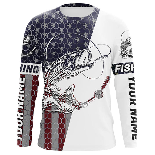 Maxcorners Personalized American Flag Fish Skull Fishing Shirts, Patriotic Long Sleeve Fishing Shirt LM0501