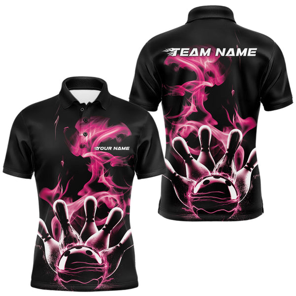 Maxcorners Custom Pink Smoke Bowling Polo Team Shirts For Men, Flame Bowling League Shirt LM2707
