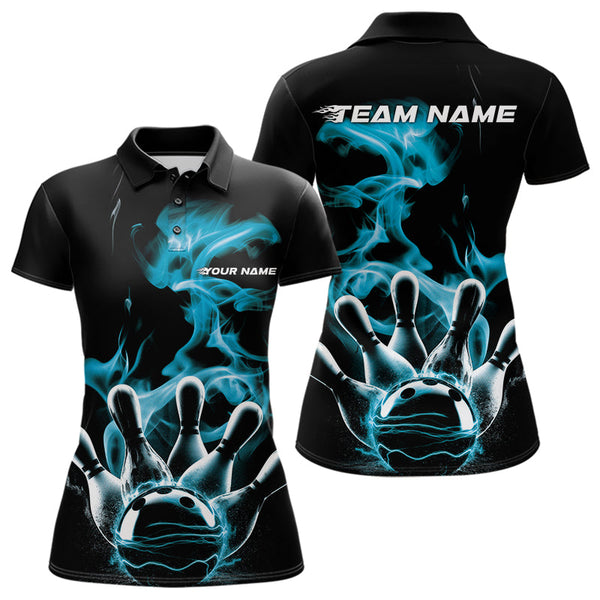 Maxcorners Custom Blue Smoke Bowling Polo Team Shirts For Men, Flame Bowling League Shirt LM2707