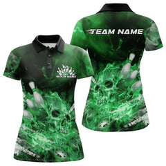 Maxcorners Custom Green Fire Flame Skull Bowling Polo Shirts For Men, Halloween Bowling Outfits LM2707