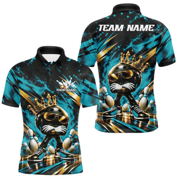 Maxcorners Custom Turquoise Blue Funny Awesome Crown Bowling Ball Bowling King Men Polo Team Shirt LM2709