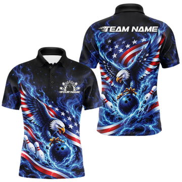 Maxcorners Custom American Flag Flame Eagle Bowling Men Polo Shirt, Patriotic Bowling Jersey LM2709