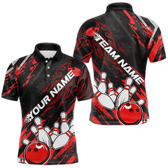 Maxcorners Grunge Black And Red Custom Flame Bowling Team Polo Shirts For Men, Bowling League Shirt