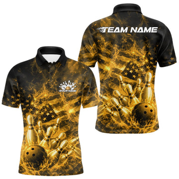 Maxcorners Custom Yellow Fire Patriotic Bowling Men Polo Shirt, American Flag Flame Bowling Jersey LM2603