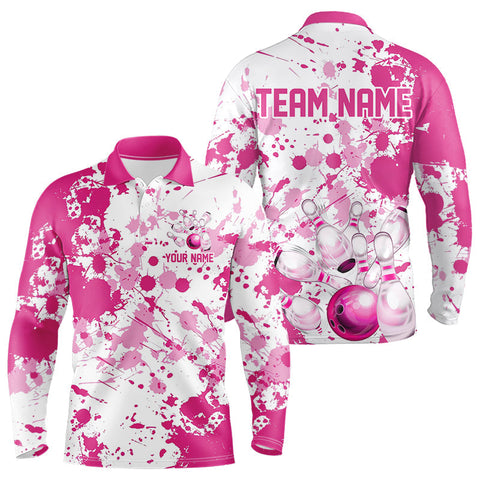 Maxcorners Custom Pink Bowling Long Sleeve Polo Shirts For Men, Splatter Bowling Team Jerseys With Name TU2908