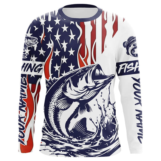 Maxcorners Flame American Flag Custom Bass Long Sleeve Tournament Fishing Shirts, Patriotic Bass Fishing Jersey LM0201