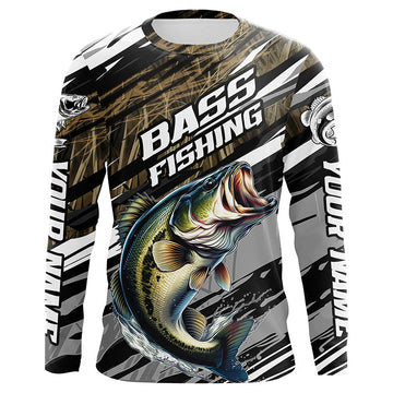 Maxcorners Bass Fishing Camo Long Sleeve Fishing Shirts, Custom Largemouth Bass Tournament Fishing Jerseys LM0201