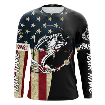 Maxcorners Personalized Bass Fishing American Flag Custom Long Sleeve Fishing Shirts, personalized Patriotic Fishing gifts LM0201