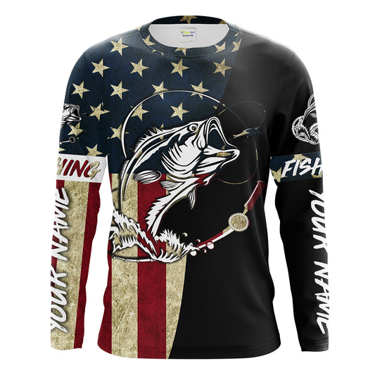 Maxcorners Personalized Bass Fishing American Flag Custom Long Sleeve Fishing Shirts, personalized Patriotic Fishing gifts LM0201