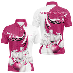 Maxcorners Custom White And Pink Bowling Polo Shirts For Men, Flame Bowling Team Shirt
