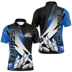 Maxxcorners Custom Black And Blue Strike Bowling Polo Shirts For Men, Bowling Team Uniform MT0307