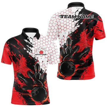 Maxcorners Custom Red Flame Grunge Bowling Men Polo Shirt, Halftone Hexagon Bowling Shirt LM0409