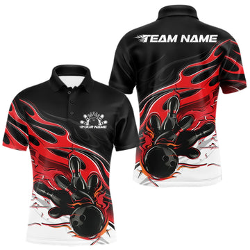 Maxcorners Custom Black And Red Flame Bowling Men Jersey, Bowling Team Men Polo Shirt LM0409