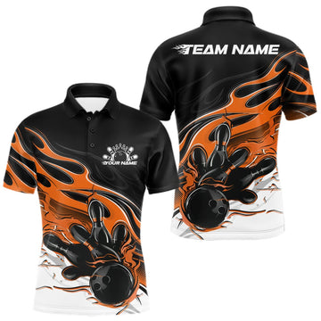 Maxcorners Custom Black And Orange Flame Bowling Men Jersey, Bowling Team Men Polo Shirt LM0409