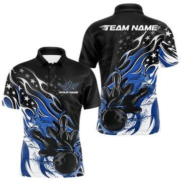 Maxcorners Custom Patriotic American Flag Blue Flame Bowling Men Polo Shirt, US Bowling Jersey LM0409
