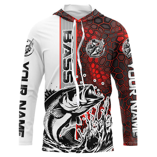 Maxcorners Pesonalized Largemouth Bass Fishing Jerseys, Bass Long Sleeve Tournament Fishing Shirts | Red Camo LM0201