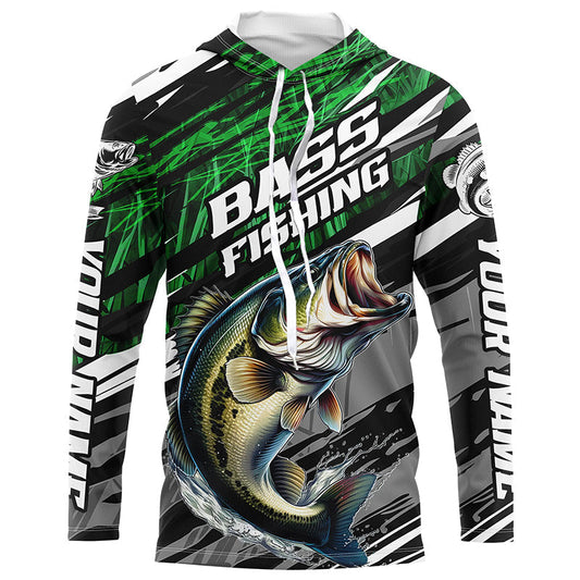 Maxcorners Bass Fishing Camo Long Sleeve Fishing Shirts, Custom Bass Tournament Fishing Jerseys | Green LM0201