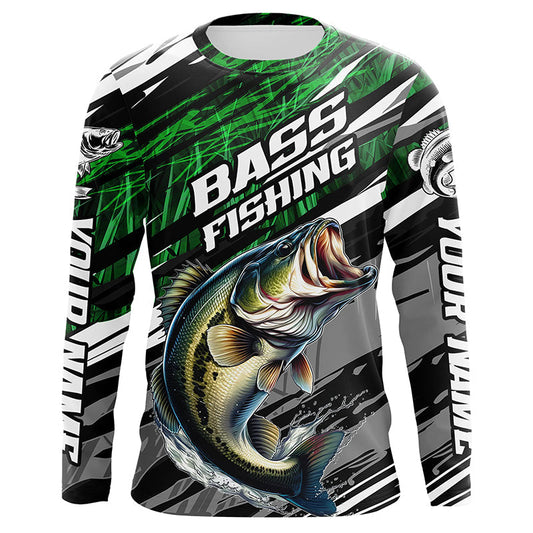 Maxcorners Bass Fishing Camo Long Sleeve Fishing Shirts, Custom Bass Tournament Fishing Jerseys | Green LM0201