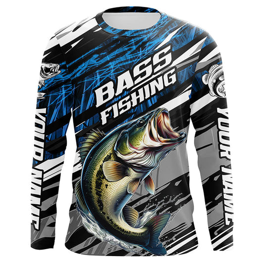 Maxcorners Bass Fishing Camo Long Sleeve Fishing Shirts, Custom Bass Tournament Fishing Jerseys | Blue LM0201