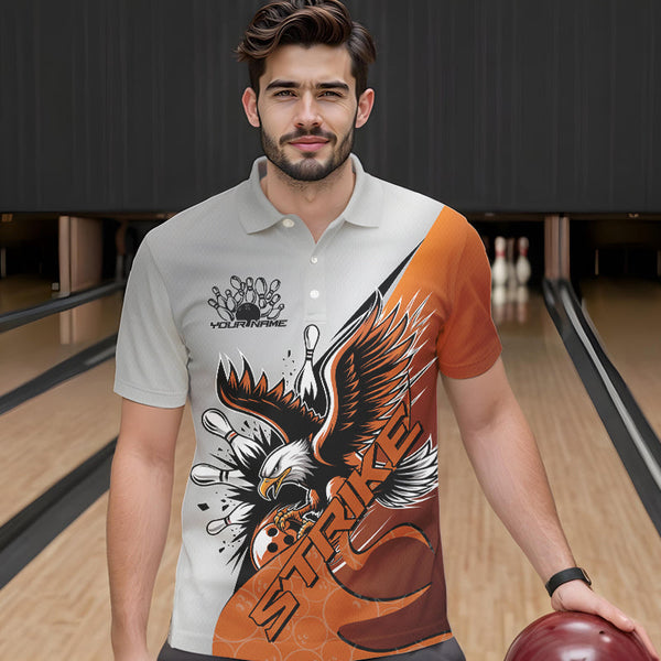 Maxcorners Custom Orange Eagle Bowling Team Men Polo Shirts, Eagle Bowling League Shirt Bowlers Outfit