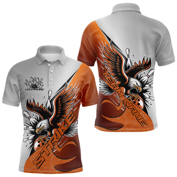 Maxcorners Custom Orange Eagle Bowling Team Men Polo Shirts, Eagle Bowling League Shirt Bowlers Outfit