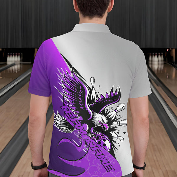 Maxcorners Custom Purple Eagle Bowling Team Men Polo Shirts, Eagle Bowling League Shirt Bowlers Outfit