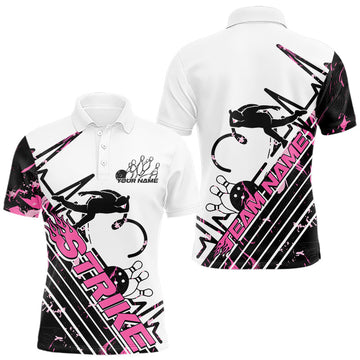Maxcorners Custom Black And Pink Camo Strike Bowling Polo Shirt For Men, Bowling Heartbeat Pulse Line