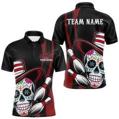 Maxcorners Custom Black And Red Sugar Skull Bowling Team Polo Shirts For Men, Bowling League Shirts LM0706