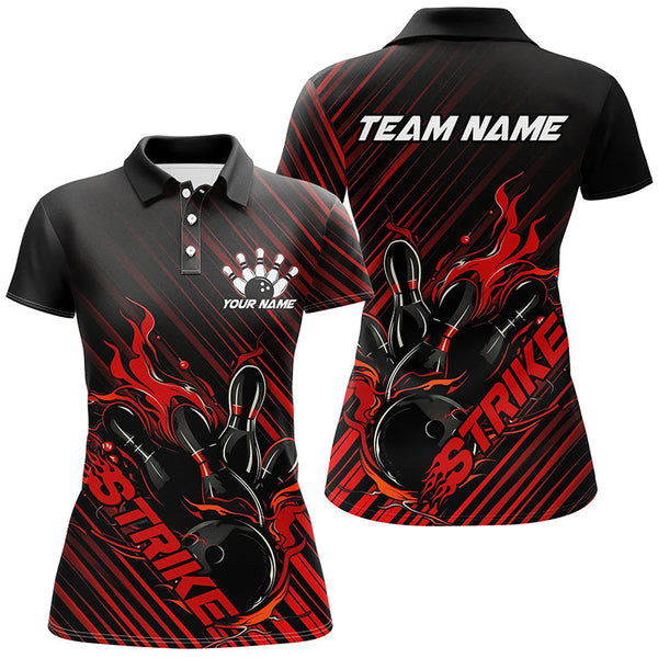 Maxcorners Custom Black And Red Flame Bowling Shirts, Strike Bowling Team Shirts Outfit Bowling