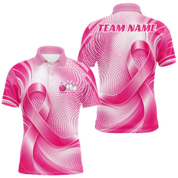 Maxcorners Custom Breast Cancer Awareness Pink Ribbon Bowling Team Men Polo Shirt Bowling Jersey LM0409
