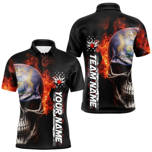 Maxcorners Custom Flame Skull American Michigan Flag Men Bowling Team Shirt, Patriotic Bowling Jersey LM2901