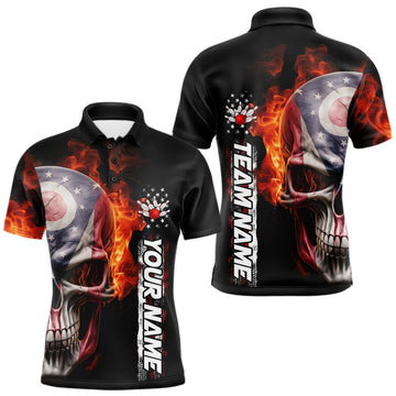 Maxcorners Custom Flame Skull American Ohio Flag Men Bowling Team Shirt, Patriotic Bowling Jersey LM2901