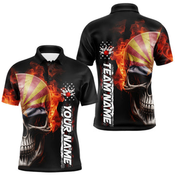 Maxcorners Custom Flame Skull American Arizona Flag Men Bowling Team Shirt, Patriotic Bowling Jersey LM2901