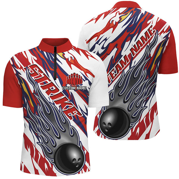 MaxCorners Bowling And Pins Flame American Customized Name, Team Name 3D Stand Collar Zipper Polo Shirt For Men