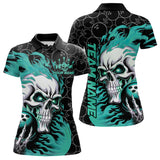 Maxcorners Custom Black And Blue Flame Skull Bowling Men Polo Shirts, Skull Halloween Bowling Outfit