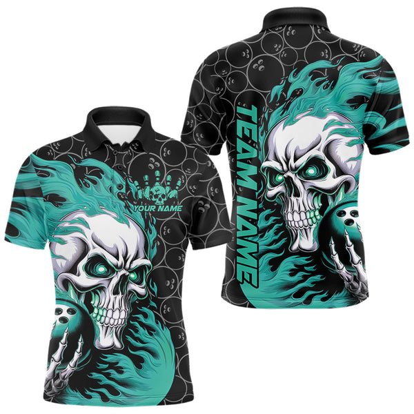 Maxcorners Custom Black And Blue Flame Skull Bowling Men Polo Shirts, Skull Halloween Bowling Outfit