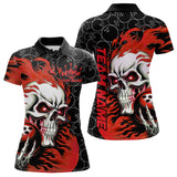 Maxcorners Custom Black And Red Flame Skull Bowling Men Polo Shirts, Skull Halloween Bowling Outfit