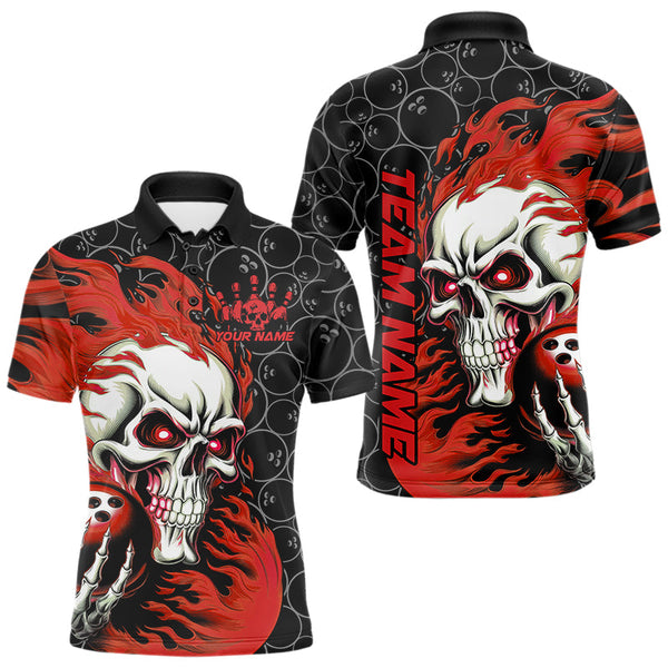 Maxcorners Custom Black And Red Flame Skull Bowling Men Polo Shirts, Skull Halloween Bowling Outfit