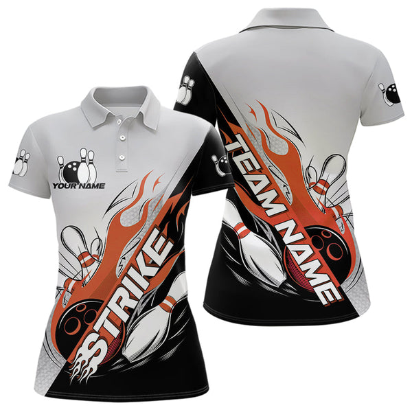 Maxcorners Custom Orange Flame Strike Bowling Men Polo Shirts, Bowling Team Uniform Bowling League Shirt