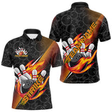 Maxcorners Custom Black And Red Orange Flame Strike Bowling Men Polo Shirts, Bowling Ball Pattern Shirt